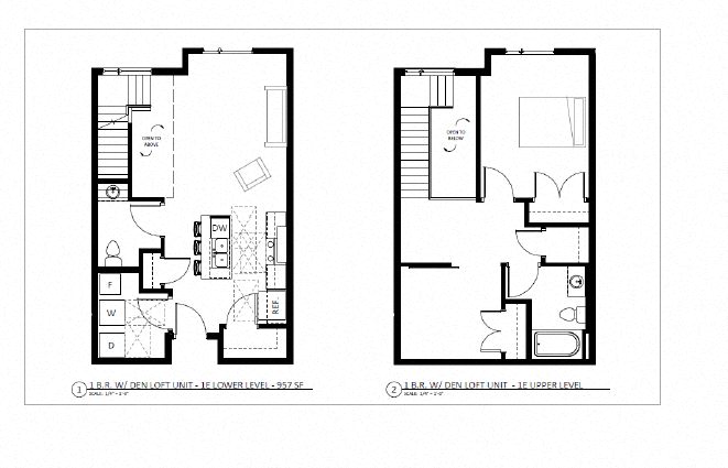 Floor plan for 1 bed, 1.5 baths, 957 sqft